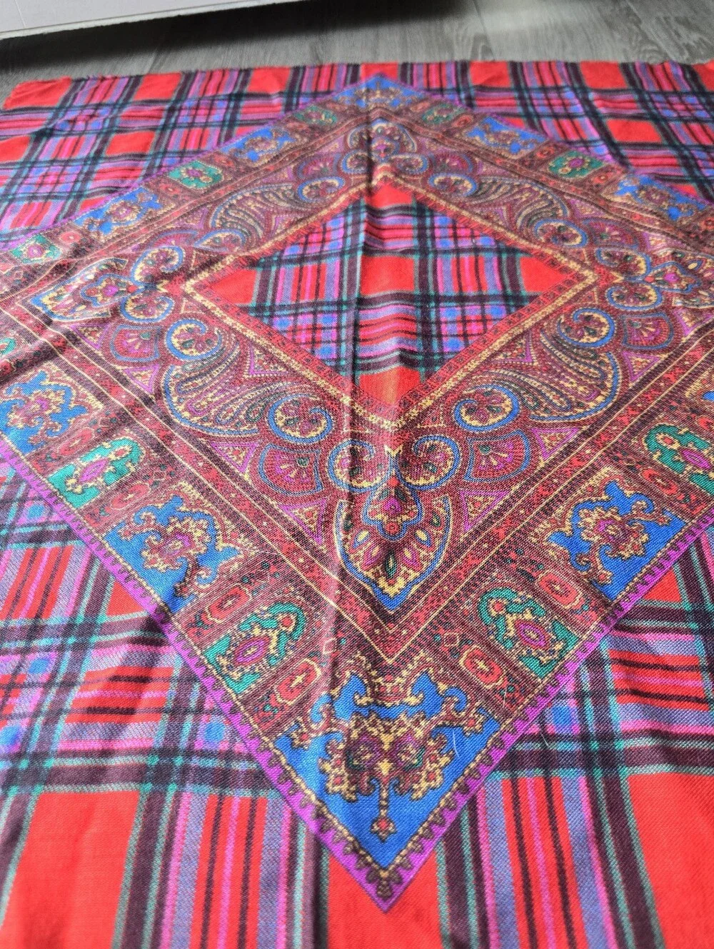 Vintage Square Scarf Red Tartan Plaid Paisley Boho Wool Feel Head Wrap 32x32